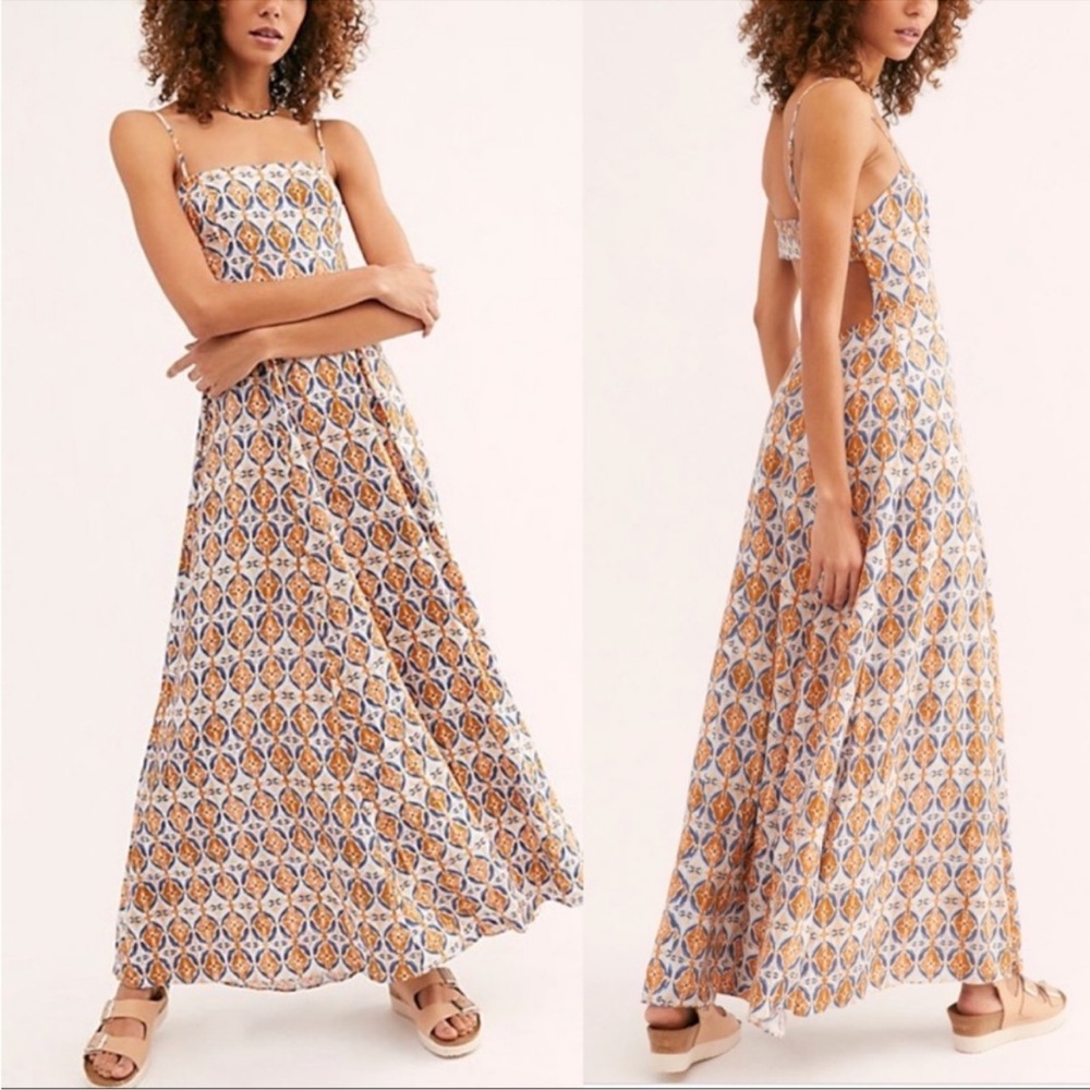 Free People Milana Open Back Sleeveless Printed Maxi Dress Ivory Orange Blue 4